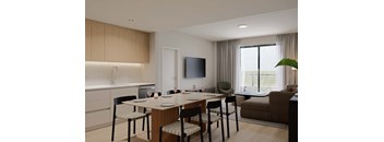A modern dining room with a wooden table and chairs.