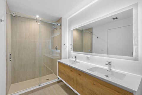 A modern bathroom with a walk-in shower and double sink vanity.