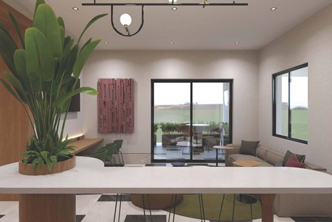 A modern dining area with a large table and chairs.