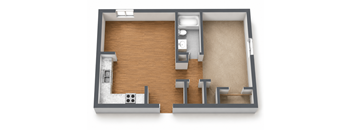 A 3D rendered image of a small apartment layout.