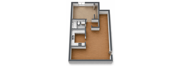 A 3D rendered image of a small apartment layout.
