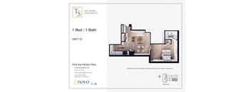A drawing of a one bedroom apartment is shown.