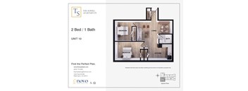 A drawing of a 2 Bed/1 Bath apartment unit with a detailed floor plan.