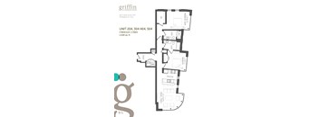 A floor plan for a unit at Griffin at Petworth Metro shows a 2 bedroom, 2 bathroom apartment.