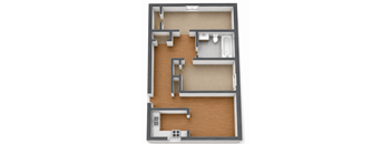 A 3D floor plan of a house with a kitchen, living room, and bathroom.