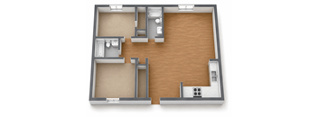 A 3D floor plan of a house layout.