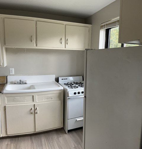 A kitchen with a white sink and a white stove.