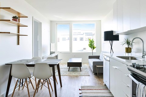 A modern kitchen with white cabinets and a black stove top.