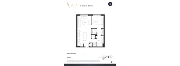 A floor plan of a 1-bedroom 1-bath apartment.