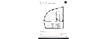 A black and white image of a 2-bedroom, 2-bathroom apartment layout.