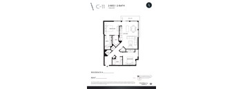 A black and white image of a floor plan for a 2-bedroom, 2-bath apartment with a balcony.