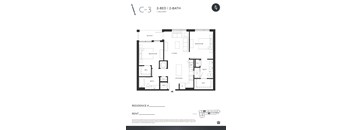 A black and white image of a C-3 2-bed 2-bath floor plan with balcony.