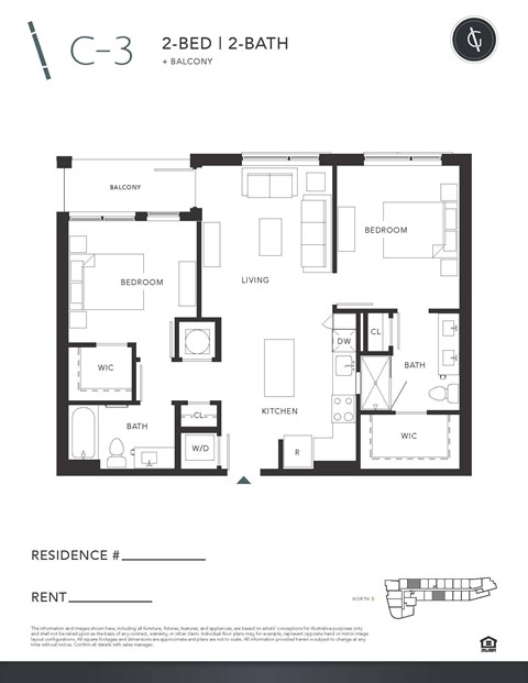 A black and white image of a C-3 2-bed 2-bath floor plan with balcony.