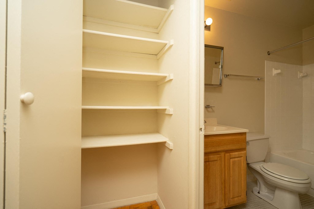 a bathroom with white shelves and a toilet and a sink