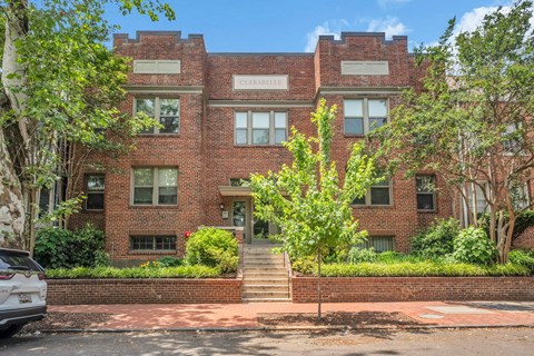 A brick building with the word Clarabelle on the top.