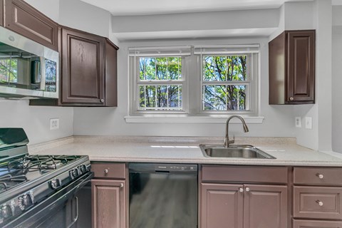a kitchen with a sink and a stove and a window