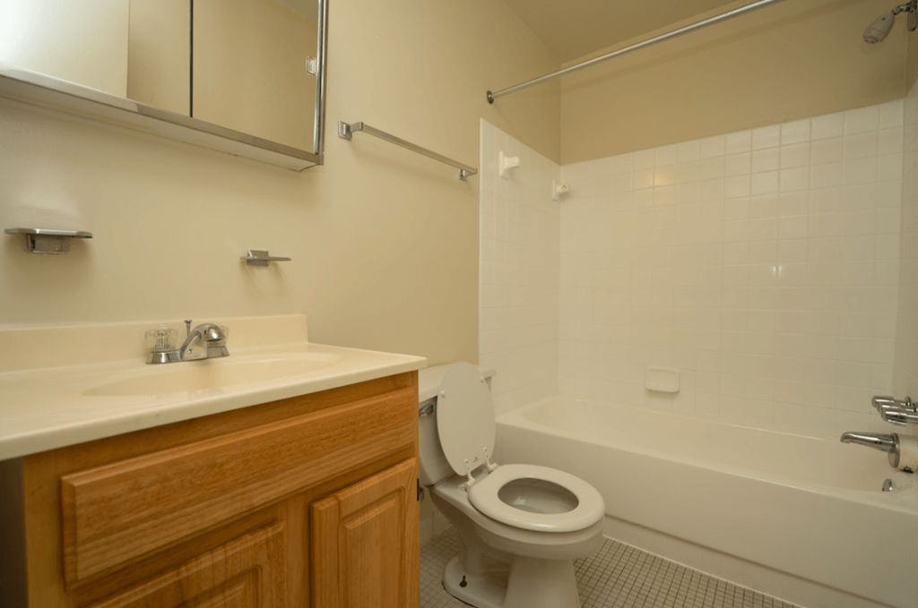 a bathroom with a toilet and a tub and a sink
