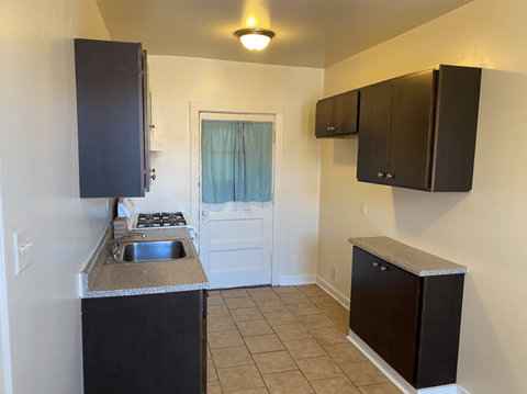 a kitchen with black cabinets and a sink and a door