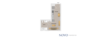 A floor plan of a small apartment with a living room, kitchen, and bathroom.