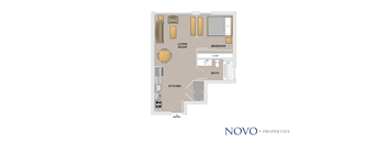 A floor plan of a living space with a living room, kitchen, bathroom and bedroom.