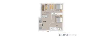 A floor plan of a property with a living room, two bedrooms, a kitchen, and a bathroom.