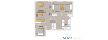 A floor plan of a living space with a living room, kitchen, and three bedrooms.