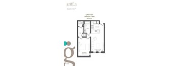 A floor plan for a 1 bedroom, 1 bath unit at Griffin at Petworth Metro.