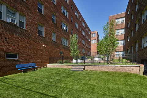 the yard of a building with a green lawn and a blue bench