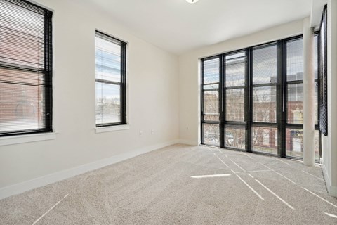 A room with a carpeted floor, two windows, and a sliding glass door.