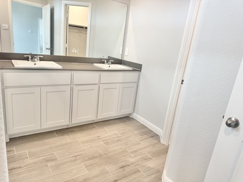 A bathroom with a double sink vanity and a mirror above it.