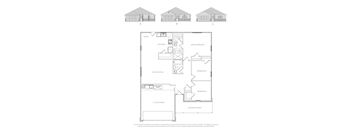 A drawing of a house with three different views and a floor plan.