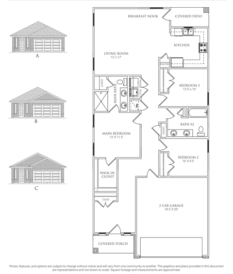 A drawing of a house with a floor plan and three elevation views.