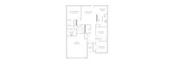 A floor plan of a house with a garage, two bedrooms, a living room, a breakfast nook, a kitchen, and a walk-in closet.