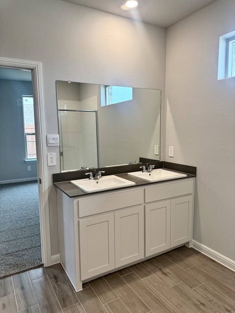 A bathroom with a vanity and a mirror.