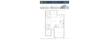 A floor plan for a model home from Camden Homes showing the layout of the main bedroom, living room, kitchen, and other rooms.