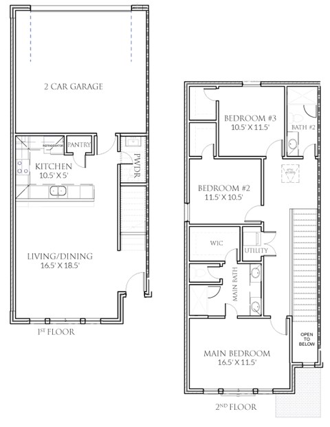 A floor plan of a two story house with a garage.