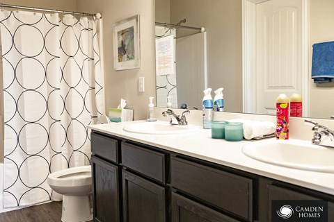 A bathroom with a sink, toilet, and shower curtain.