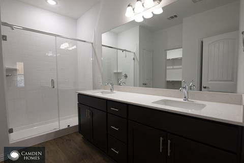 A bathroom with a sink, mirror, and shower.