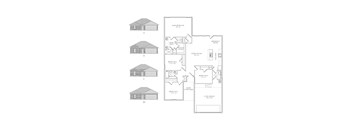 A set of four house plans are displayed, each with a corresponding exterior illustration.