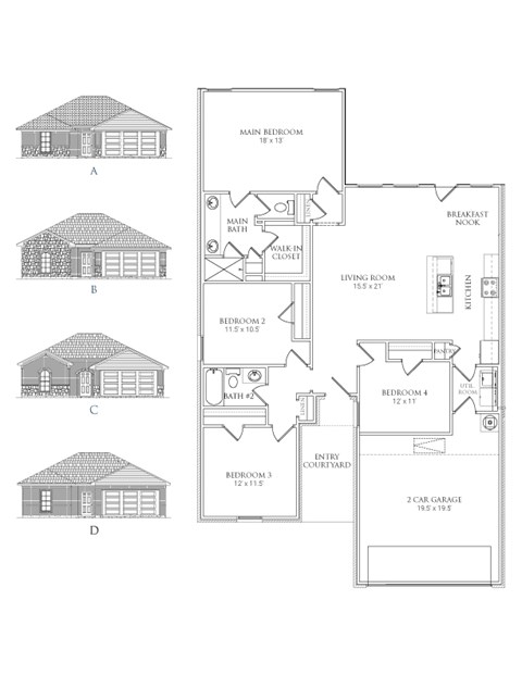 A set of four house plans are displayed, each with a corresponding exterior illustration.