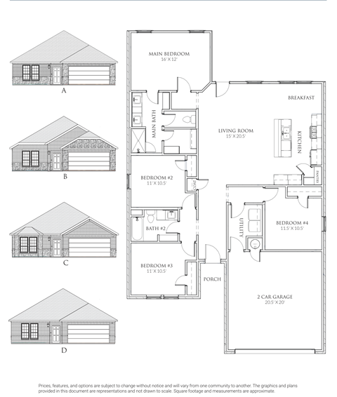A set of four house plans are shown, each with a different layout.