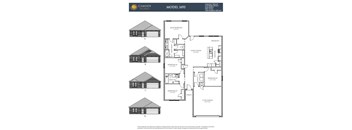 A drawing of a house with four different views and a floor plan.