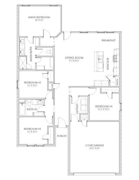 A floor plan of a house with a main bedroom, living room, and two car garages.