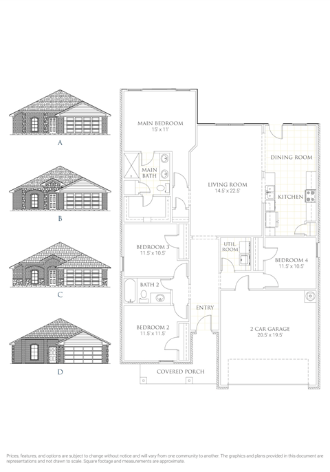 A set of four house plans are displayed, each with a corresponding floor plan.