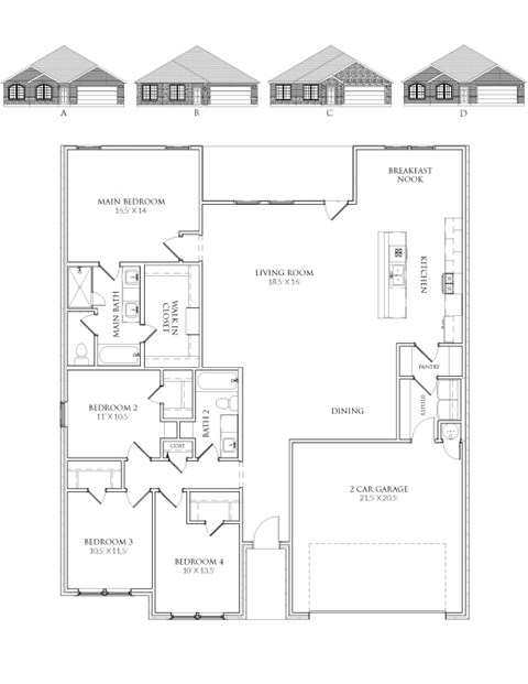 A floor plan of a house with four bedrooms and a garage.