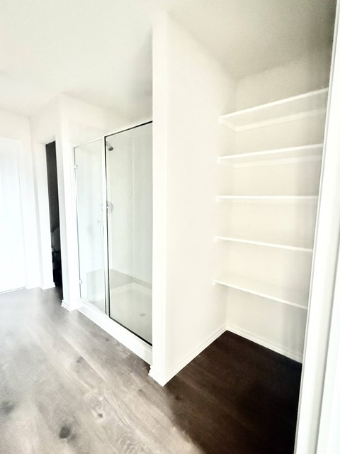 A white pantry with a glass door and shelves.