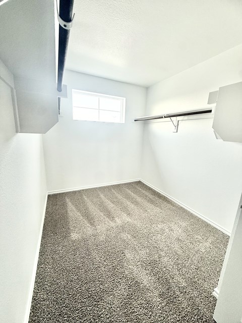 A room with a carpeted floor and a window.