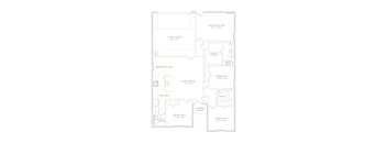 A floor plan of a house with a living room, two bedrooms, a kitchen, a breakfast area, a car garage and a covered porch.