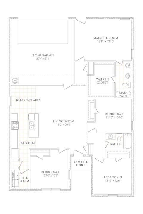 A floor plan of a house with a living room, two bedrooms, a kitchen, a breakfast area, a car garage and a covered porch.