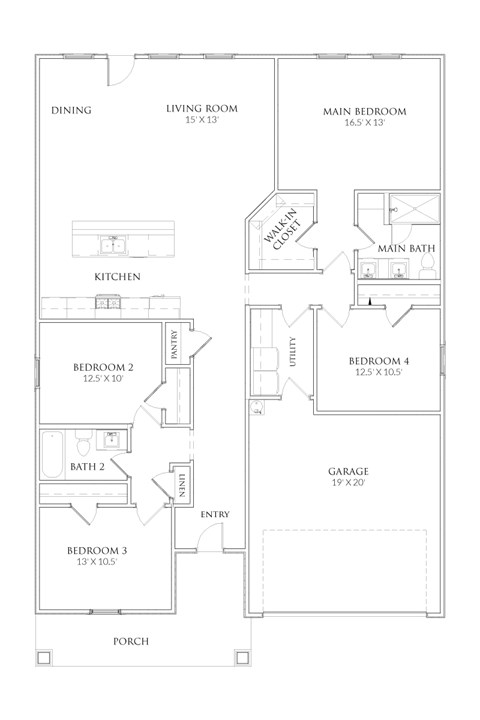 A floor plan of a house with labeled rooms and dimensions.